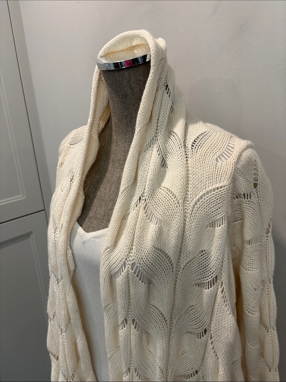 Monari Cream Merino Wool Cashmere Cable Knit Draped Cardigan L/XL Italy - Picture 7 of 15